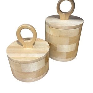 Set of 2 Natural Wood Food Storage Canisters with Lids